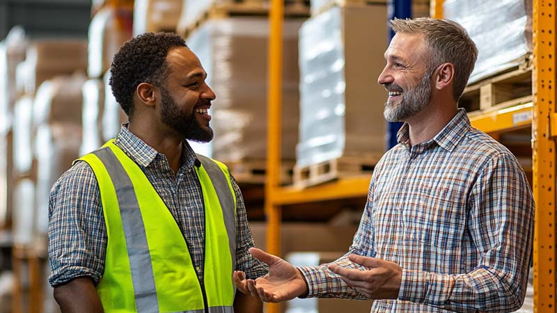 ims-service-images Two warehouse workers smiling and talking in an industrial storage area, one wearing a safety vest and the other in a checkered shirt.